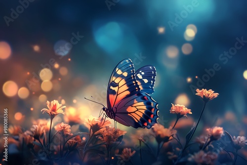 Colorful Butterfly on Pink Flowers in a Magical Forest Setting