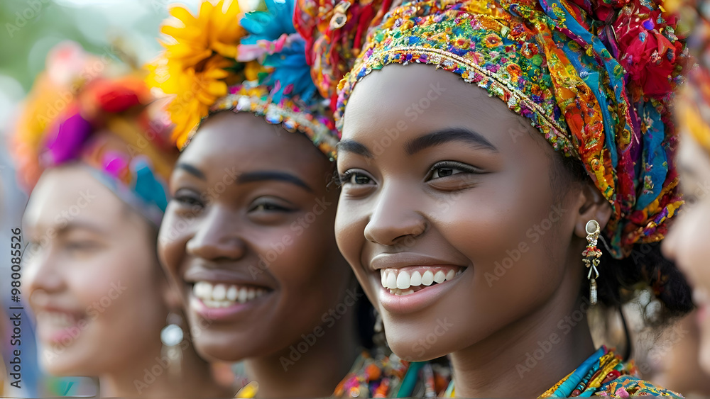 A close-up of young women smiling and wearing vibrant, traditional cultural attire with colorful headpieces, reflecting joy and diversity A close-up of young women smiling and wearing vibrant, traditional cultural attire with colorful headpieces, reflecting joy and diversity