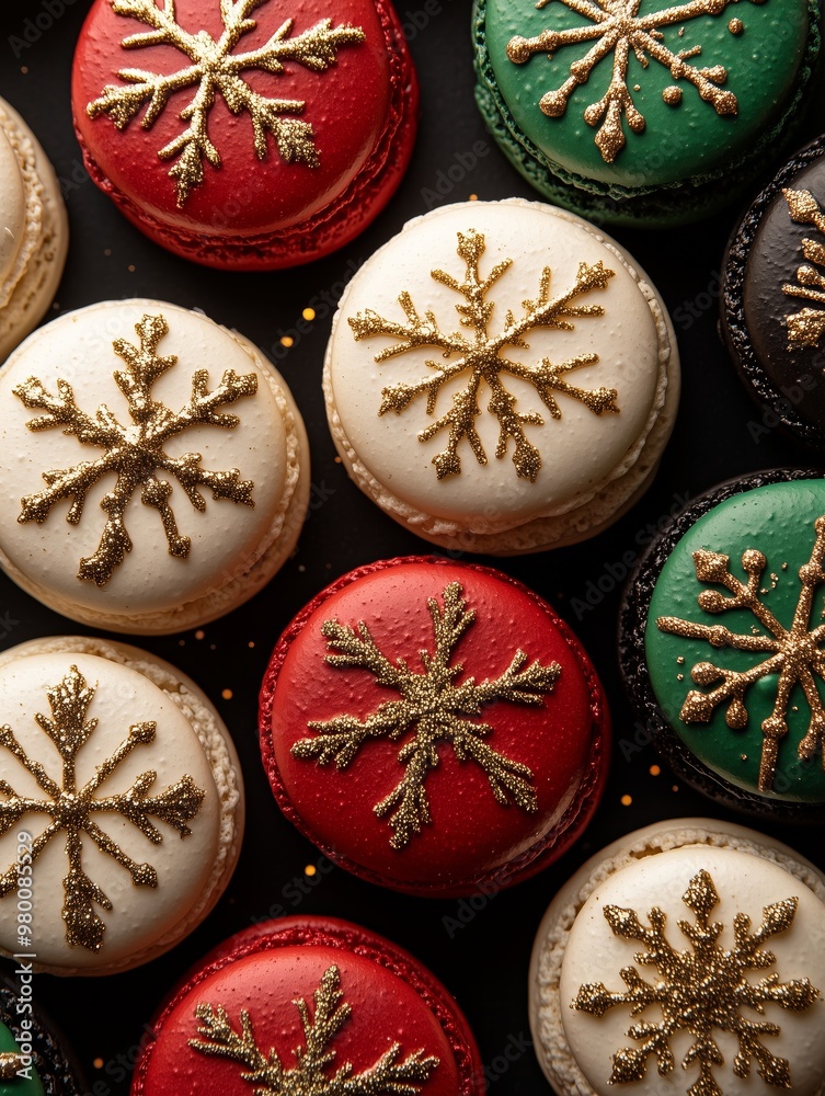 Christmas macarons pattern of red, green, and white macarons with gold leaf designs on each cookie on a dark background Christmas macarons pattern of red, green, and white macarons with gold leaf designs on each cookie on a dark background