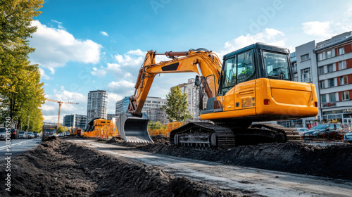 An excavator working on a construction site in an urban environment, with city buildings and trees in the background.