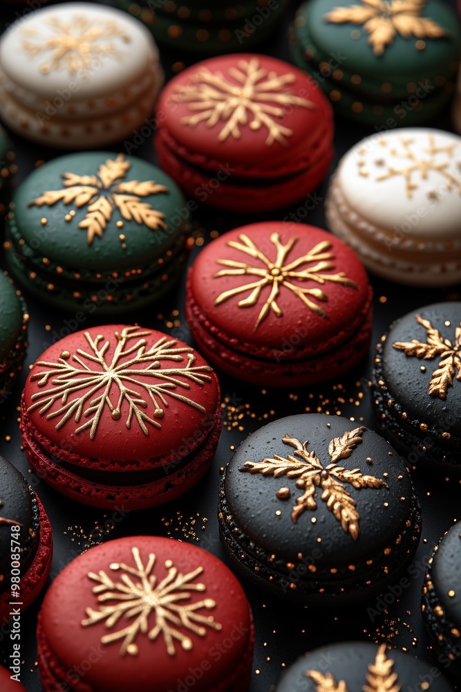 Christmas macarons pattern of red, green, and white macarons with gold leaf designs on each cookie on a dark background Christmas macarons pattern of red, green, and white macarons with gold leaf designs on each cookie on a dark background
