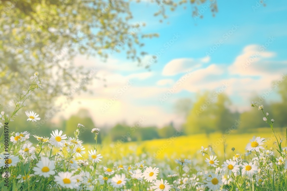 Beautiful blurred spring background nature with blooming glade chamomile, trees and blue sky on a sunny day, ai