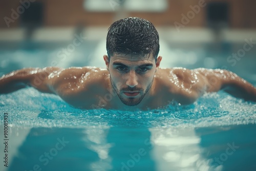 Swimmer practicing freestyle in a pool embodying athleticism and competition representing professional sports and a healthy active lifestyle