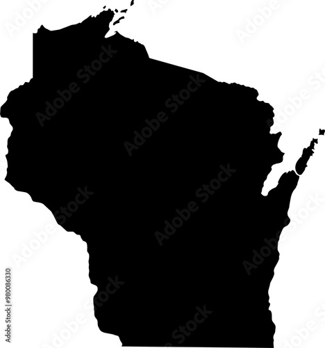 Contour map of the state of Wisconsin, USA. Vector graphic illustration on a transparent background with black region borders