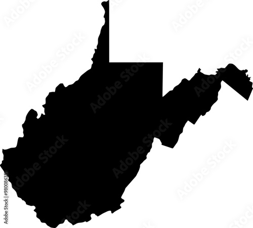 Contour map of the state of West Virginia, USA. Vector graphic illustration on a transparent background with black region borders