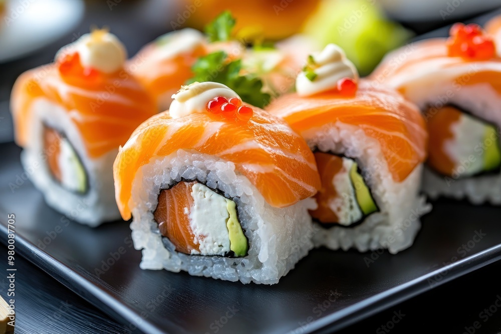 Gourmet salmon sushi rolls served on a black plate with garnishes, ready for a fine dining experience , ai Gourmet salmon sushi rolls served on a black plate with garnishes, ready for a fine dining experience , ai