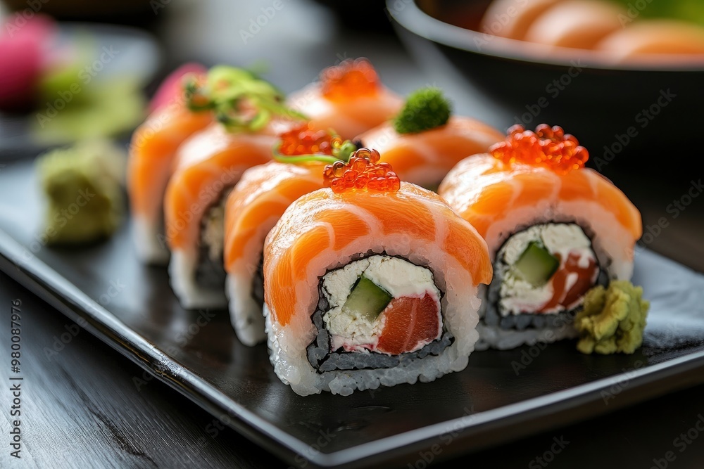 Gourmet salmon sushi rolls served on a black plate with garnishes, ready for a fine dining experience , ai Gourmet salmon sushi rolls served on a black plate with garnishes, ready for a fine dining experience , ai