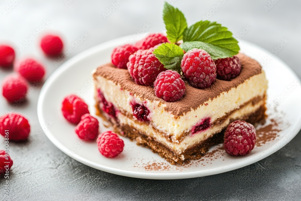 Tiramisu adorned with raspberries rests on a white plate on the table Classic Italian treat Close up view Tiramisu adorned with raspberries rests on a white plate on the table Classic Italian treat Close up view