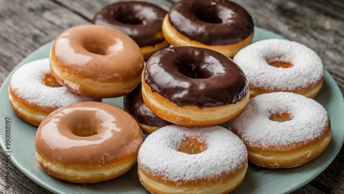 A plate of donuts with various toppings. There are glazed, chocolate, and powdered sugar-covered donuts