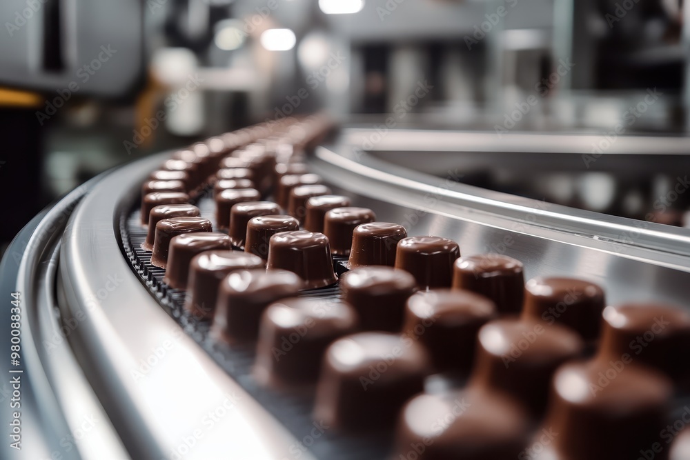 Top view of chocolate candies on an automated factory conveyor Top view of chocolate candies on an automated factory conveyor