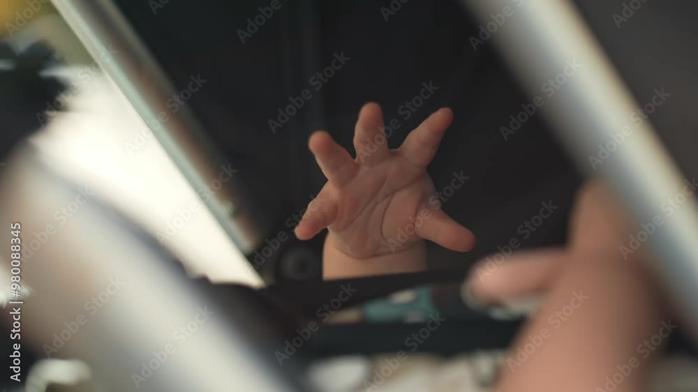 A close-up shot of a baby’s tiny hands resting peacefully in a stroller. The relaxed, delicate fingers convey a sense of calm and innocence in the cozy setting. A close-up shot of a baby’s tiny hands resting peacefully in a stroller. The relaxed, delicate fingers convey a sense of calm and innocence in the cozy setting.