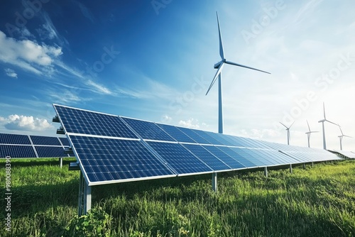 serene solar farm and towering wind turbine stand in lush green fields against a pristine blue sky, for clean energy, sustainable future, eco-friendly and renewable energy concept, ai