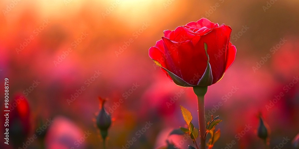 Fototapeta premium A beautiful red rose stands out against a soft, colorful background. The vibrant petals and gentle light capture the essence of nature. Perfect for floral designs and romantic themes. AI
