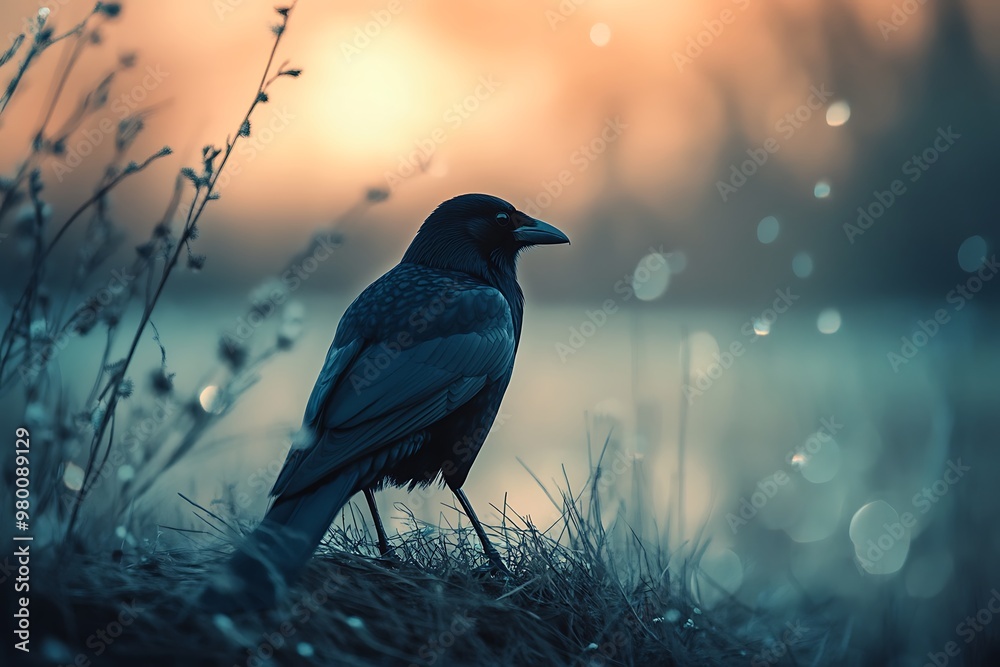 Fototapeta premium Silhouette of a crow at sunset on a misty lake, creating a moody and mysterious atmosphere