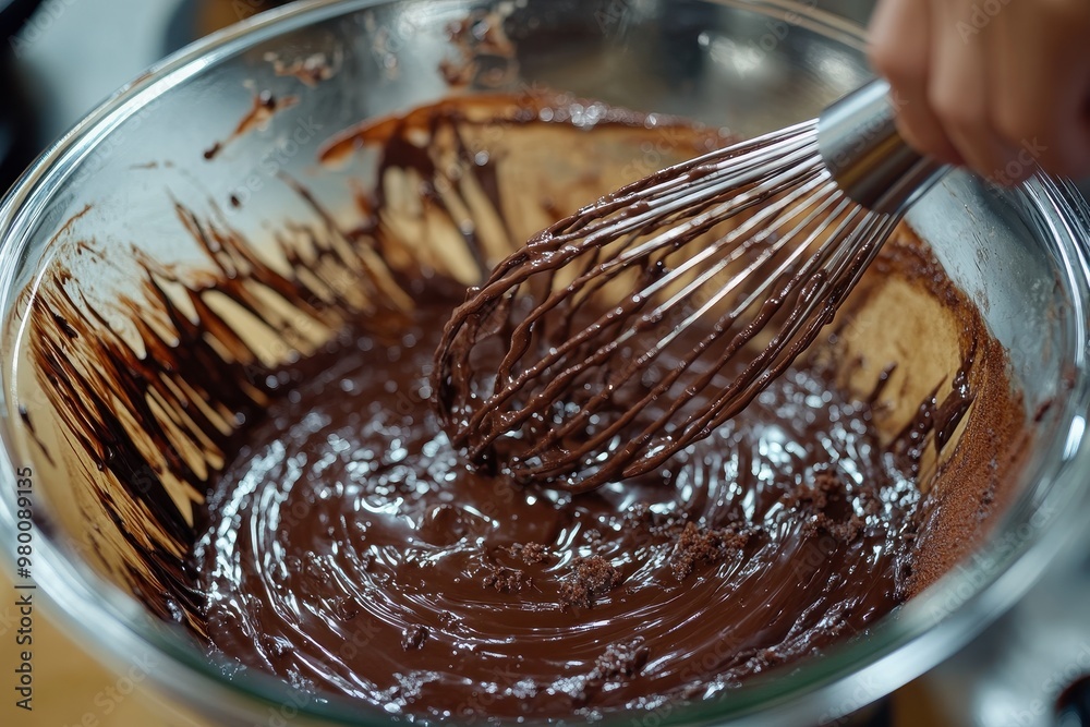 Fototapeta premium Using a hand whisk ingredients are skillfully blended in a glass bowl to make a delicious Chocolate Bundt Cake