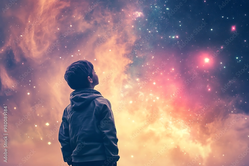 Child gazing at the stars in wonder with a nebula backdrop. Concept of childhood dreams, space exploration, and the cosmos Child gazing at the stars in wonder with a nebula backdrop. Concept of childhood dreams, space exploration, and the cosmos
