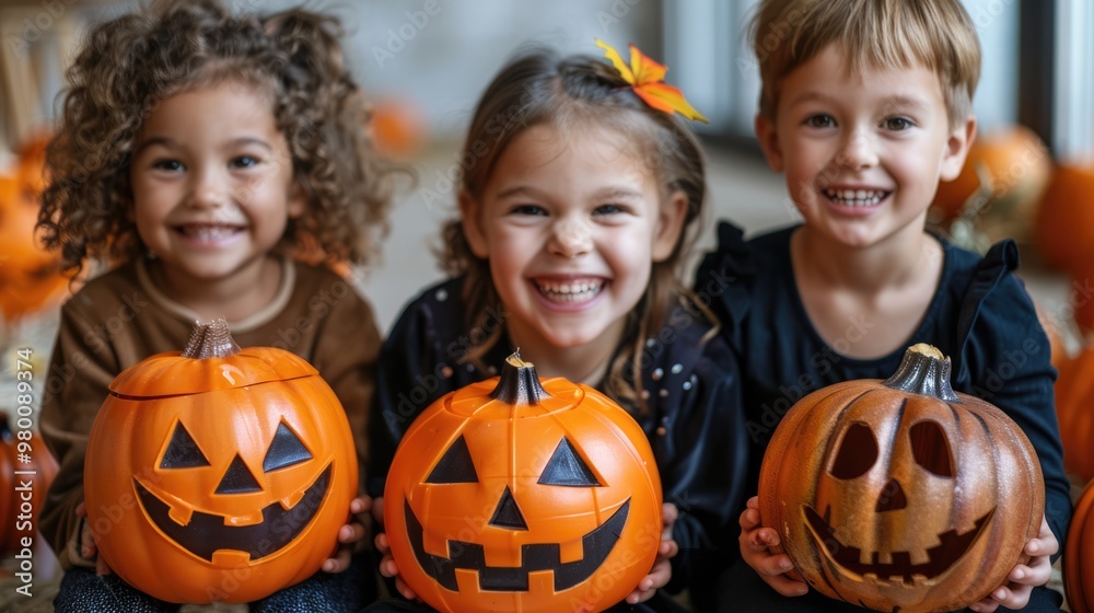 happy Halloween. children with jack o lantern make up in costume at trick or treat Halloween celebration party. happy Halloween. children with jack o lantern make up in costume at trick or treat Halloween celebration party.