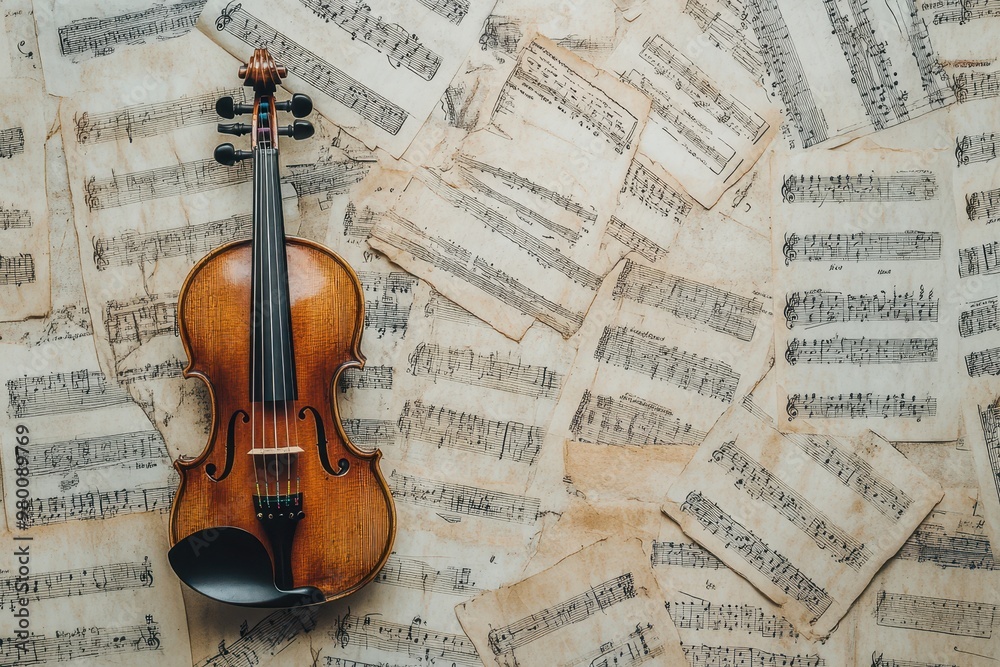 Fototapeta premium Violin on sheet music backdrop