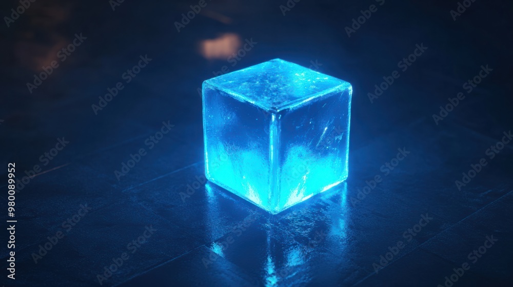 A blue light emitting from a soft glowing cube, casting subtle reflections on a dark reflective surface. A blue light emitting from a soft glowing cube, casting subtle reflections on a dark reflective surface.