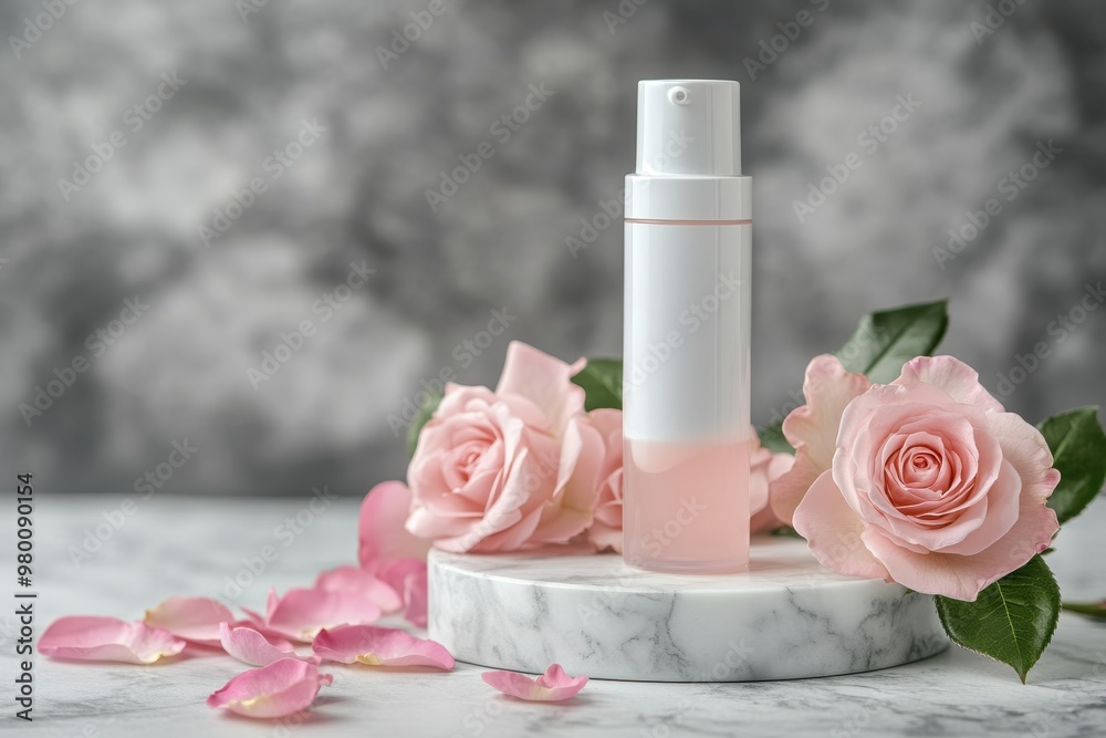 White bottle on marble stand with delicate pink roses and petals Natural fermented rose based cosmetic Soft focus vertical layout room for text