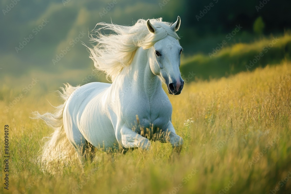 Obraz premium white stallion on grass