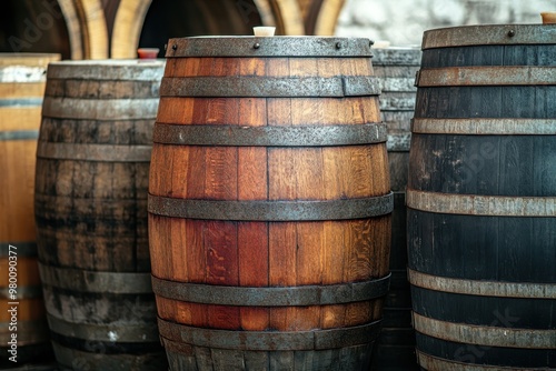 Wine or brandy casks at a vineyard Piles of casks An antique whiskey cask A vintage single malt whisky