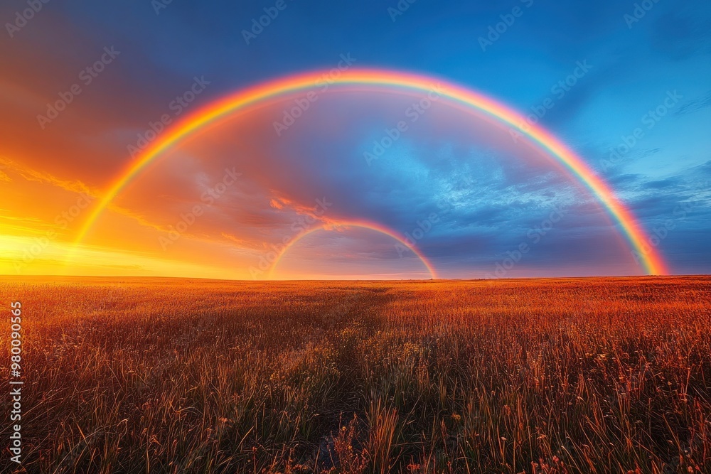 Double Rainbow Over Field at Sunset Double Rainbow Over Field at Sunset