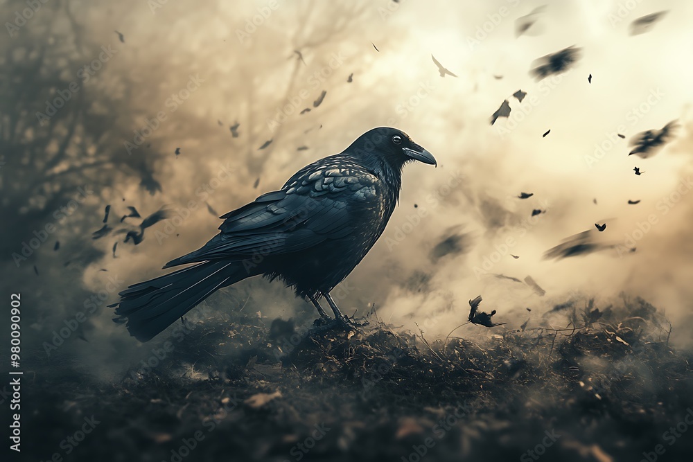 Fototapeta premium Black crow standing in the wind and rain. Dark, moody, mysterious, and atmospheric photography.