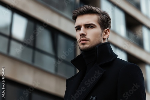 Young man in a fashionable black coat glancing aside