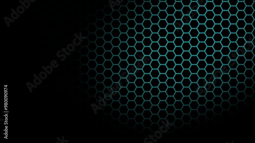 Animated dark hexagonal grid pattern with glowing blue edges against a black background, creating a sleek and futuristic design. Concept of high-tech, cybernetic appearance.
