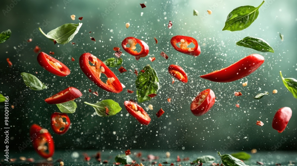 Spicy Red Chilies with Scattered Seeds Spicy Red Chilies with Scattered Seeds