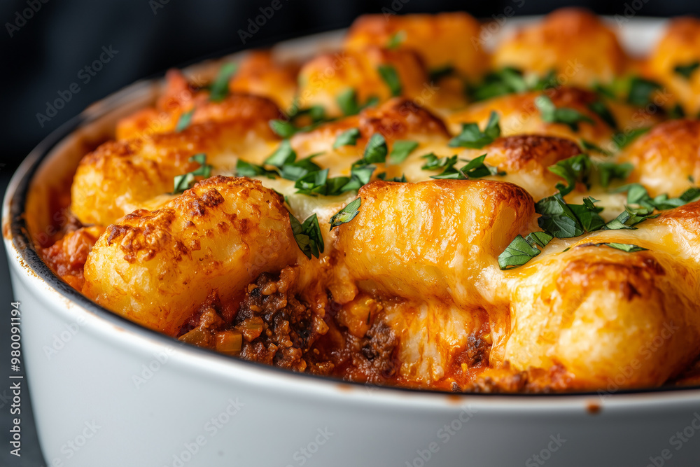 minnestoa tater tot hotdish topped with melted cheese and fresh parsley in a casserole dish minnestoa tater tot hotdish topped with melted cheese and fresh parsley in a casserole dish