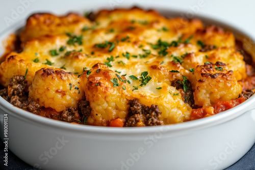 Freshly baked tater tot hotdish casserole with ground beef, veggies, and creamy sauce