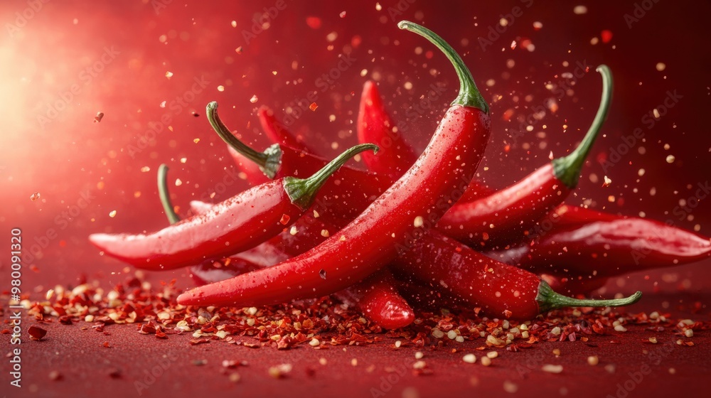 Falling Chili Peppers with a Burst of Seeds Falling Chili Peppers with a Burst of Seeds