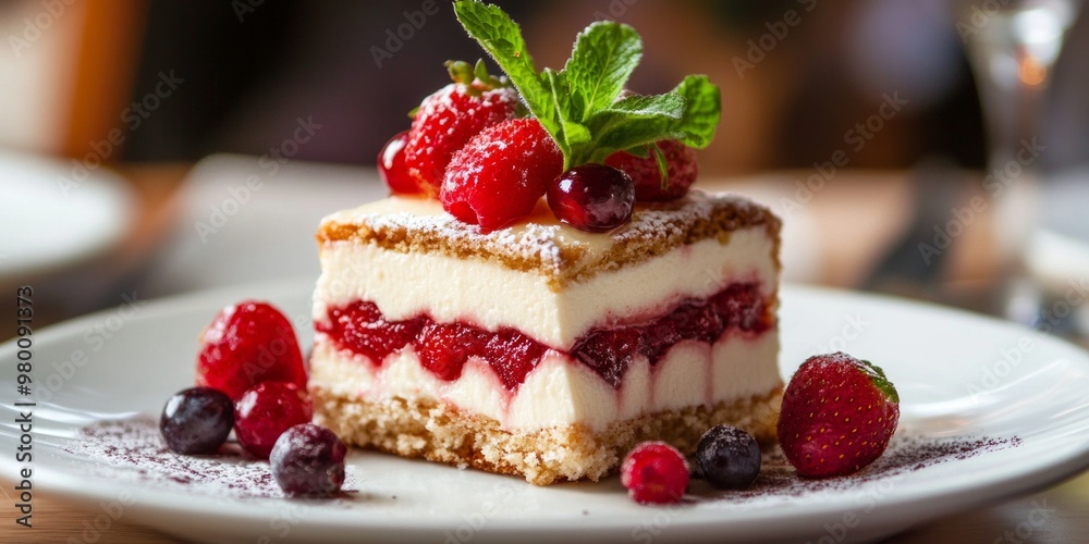 A delicious dessert slice showcasing layers of creamy filling and vibrant berries. This visually appealing treat is perfect for any occasion. Capture the sweetness and indulgence. AI A delicious dessert slice showcasing layers of creamy filling and vibrant berries. This visually appealing treat is perfect for any occasion. Capture the sweetness and indulgence. AI
