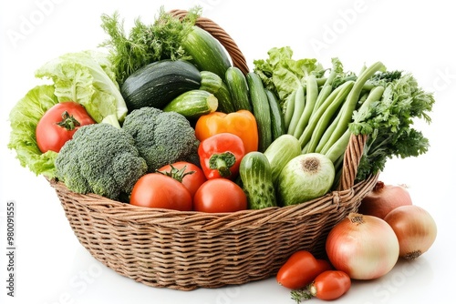 Vegetables Isolated on White. Vegetables Basket  Fresh Broccoli  Onions  Tomatoes  Paprikas  Green Beans and Other Fresh Garden Produce. Horizontal Studio Photo - Solid White Background  ai