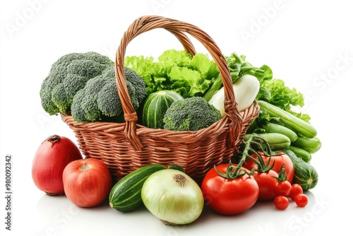 Vegetables Isolated on White. Vegetables Basket  Fresh Broccoli  Onions  Tomatoes  Paprikas  Green Beans and Other Fresh Garden Produce. Horizontal Studio Photo - Solid White Background  ai