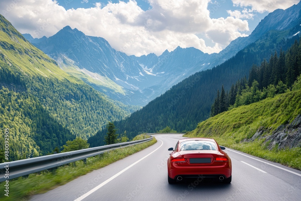 Red car driving on nature road between green mountains in summer. Nature landscape on highway for summer vacation travel. Mountain road view on beautiful nature trip in Europe. car drive highway, ai Red car driving on nature road between green mountains in summer. Nature landscape on highway for summer vacation travel. Mountain road view on beautiful nature trip in Europe. car drive highway, ai