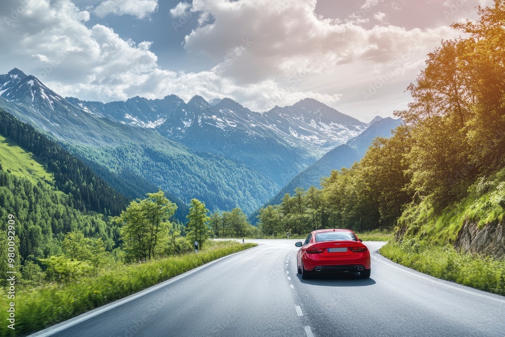 Red car driving on nature road between green mountains in summer. Nature landscape on highway for summer vacation travel. Mountain road view on beautiful nature trip in Europe. car drive highway, ai Red car driving on nature road between green mountains in summer. Nature landscape on highway for summer vacation travel. Mountain road view on beautiful nature trip in Europe. car drive highway, ai