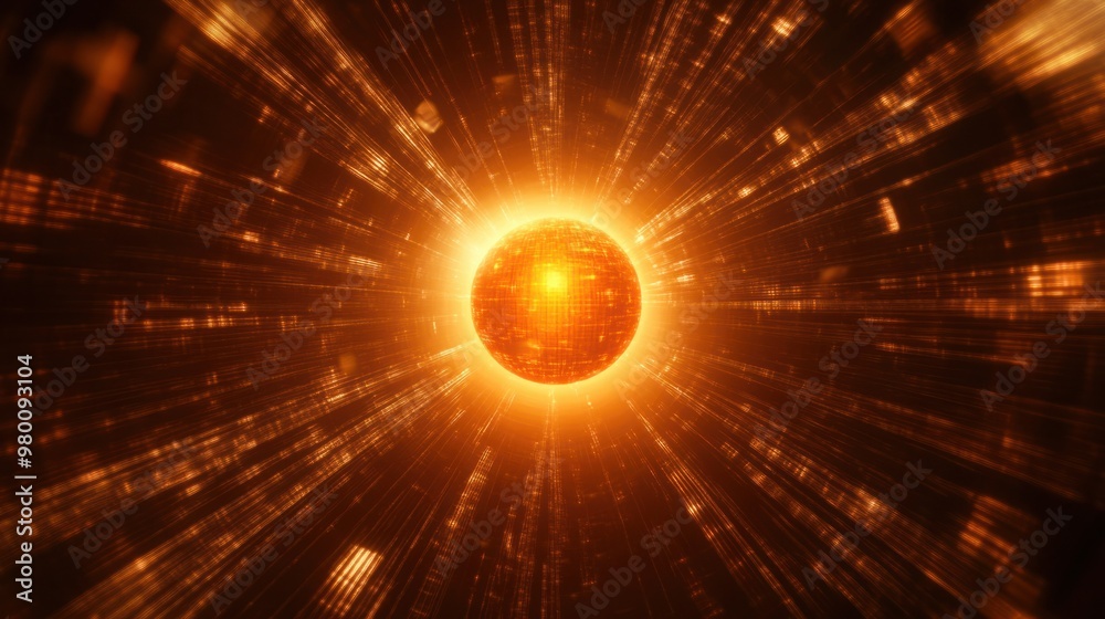 A glowing orange orb suspended in the center of a dark void, casting soft radial light beams.