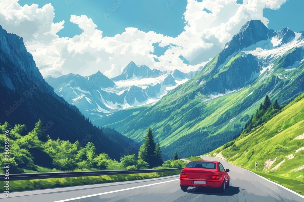 Red car driving on nature road between green mountains in summer. Nature landscape on highway for summer vacation travel. Mountain road view on beautiful nature trip in Europe. car drive highway, ai Red car driving on nature road between green mountains in summer. Nature landscape on highway for summer vacation travel. Mountain road view on beautiful nature trip in Europe. car drive highway, ai