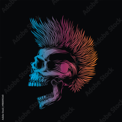 A skull with an open mouth and a punk rock hairstyle. T-shirt design, stickers, print.