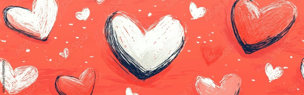 Seamless Pattern of Hand-Drawn Pink and Red Hearts on a Vibrant Red Background Seamless Pattern of Hand-Drawn Pink and Red Hearts on a Vibrant Red Background