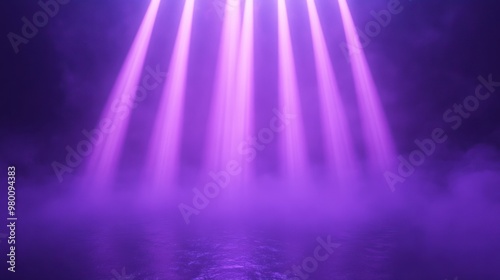 A series of faint violet light beams streaming down from above, illuminating a foggy atmosphere.