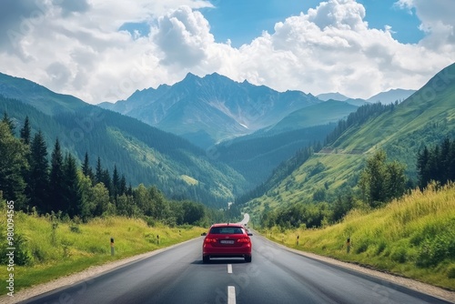 Red car driving on nature road between green mountains in summer. Nature landscape on highway for summer vacation travel. Mountain road view on beautiful nature trip in Europe. car drive highway, ai