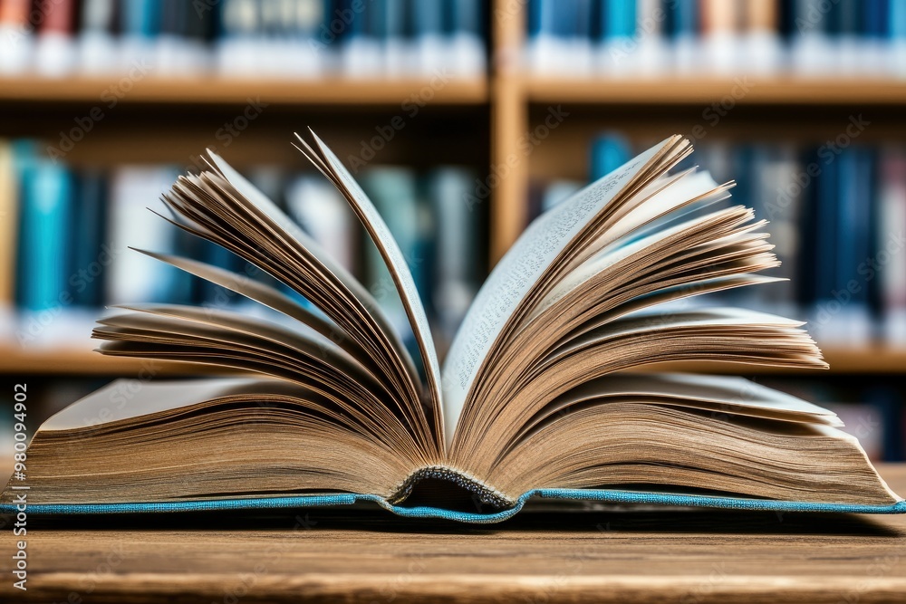 book with open pages, close up, books on the shelf in school, open book on wooden table. back to school concept, ai book with open pages, close up, books on the shelf in school, open book on wooden table. back to school concept, ai