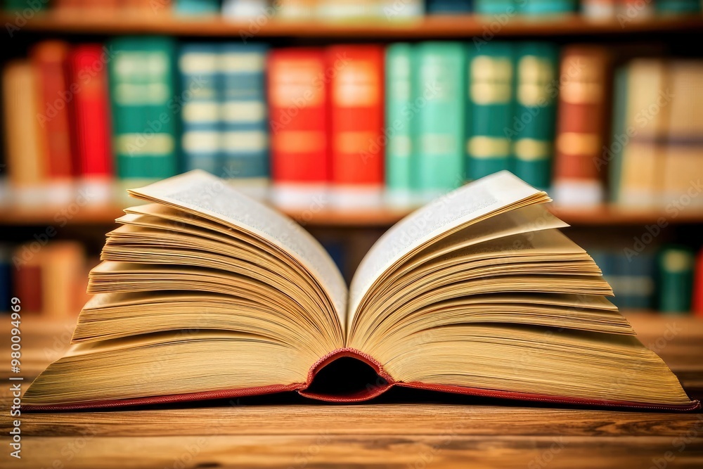 book with open pages, close up, books on the shelf in school, open book on wooden table. back to school concept, ai book with open pages, close up, books on the shelf in school, open book on wooden table. back to school concept, ai