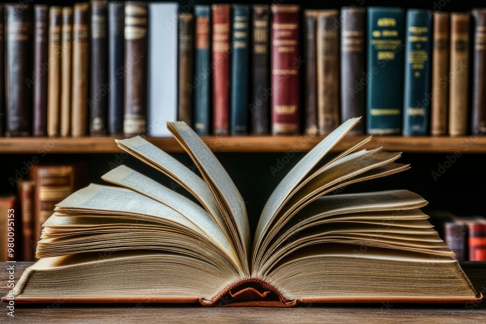 book with open pages, close up, books on the shelf in school, open book on wooden table. back to school concept, ai
