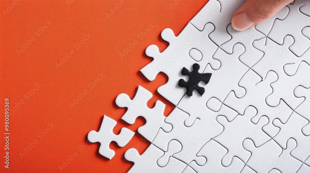 Obraz premium A closeup of a puzzle piece being placed into a nearly completed puzzle, representing the final challenging step in problem-solving