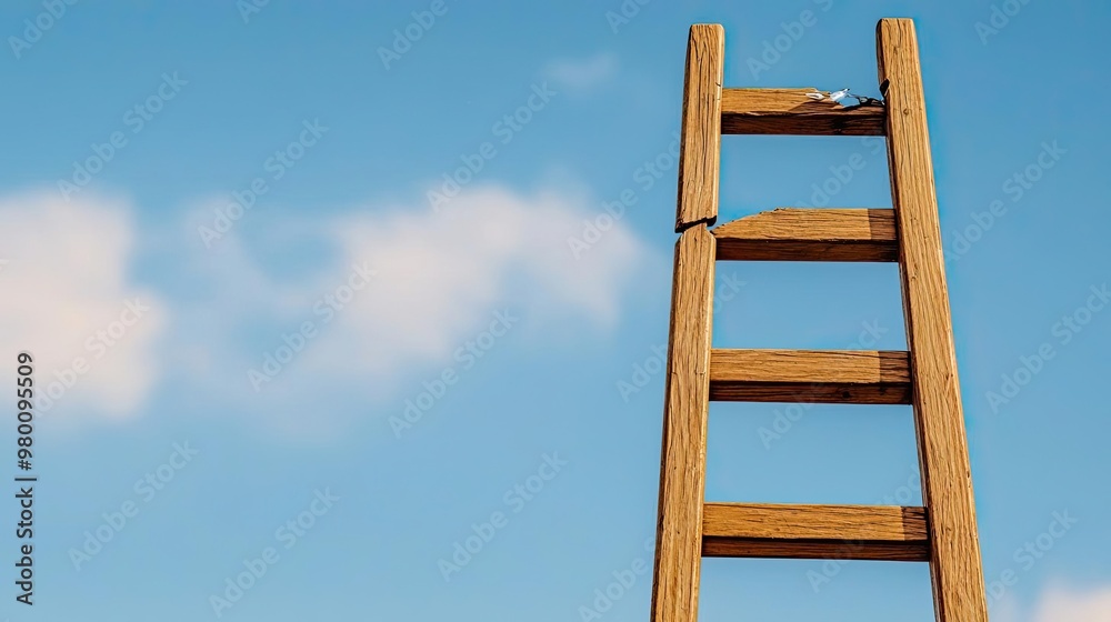 A wooden ladder standing against a clear blue sky, symbolizing progress and elevation. Perfect for construction or motivational themes. A wooden ladder standing against a clear blue sky, symbolizing progress and elevation. Perfect for construction or motivational themes.